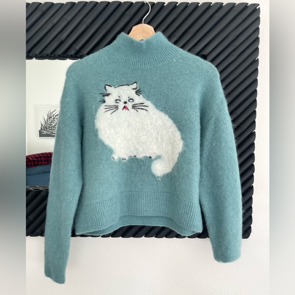 & Other Stories Teal Sweater with Cat Design